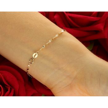 Delikatna złota bransoletka damska próby 585 złożona z drobnych blaszek. Długość 19 cm, waga 0,67 g, szerokość 1,7 mm, zapięcie na karabińczyk. 4.jpg